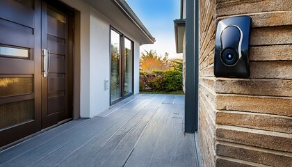 photorealistic modern smart doorbell with built in camera mounted near the front door premium lifestyle home security concept ideal for smart home safety and technology branding