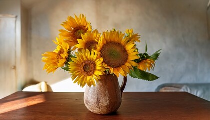 a beautiful sunflower bouquet in a rustic vase perfect for brightening up any room and bringing a touch of summer indoors home cheerful