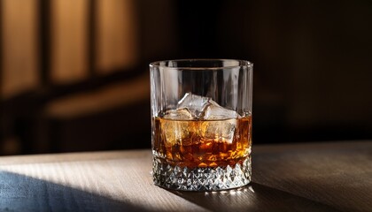 a glass of liquor with ice cubes in it sits on a table