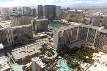 Las Vegas, Nevada, USA - March 3rd, 2024: Wide aerial view Las Vegas strip Flamingo Bellagio Caesars Palace hotels city skyline
