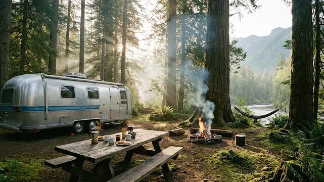 Camping adventure A vintage RV with campfire, and and picnic table in a forest.