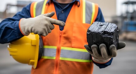 Man in safety gear holding coal and pointing to it with a yellow hard hat