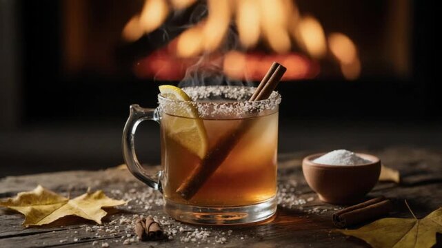 Hot Toddy Cocktail with Cinnamon by Cozy Fireplace
