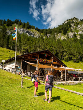 Two hikers approach a wooden hut on a grassy hillside, with mountains and trees in the background. Tartoi hut,Forni di Sopra,Dolomites,Italy