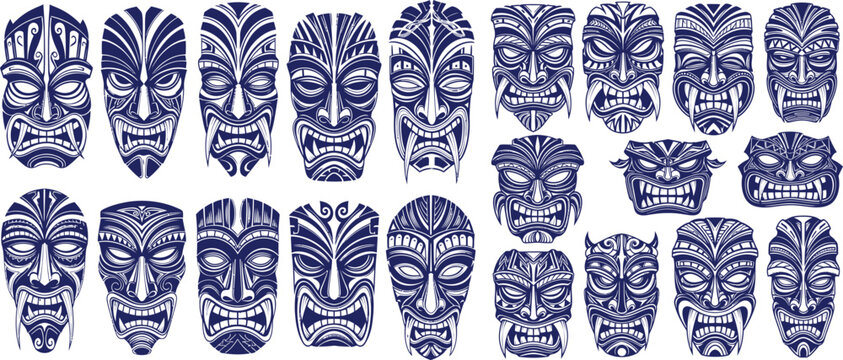 Collection of traditional tribal masks with intricate patterns, representing ancient cultural art