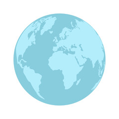 Fototapeta premium Minimalist vector illustration of planet Earth with blue continents, oceans isolated on white background. Blue world map globe icon in flat design style for environment and global business concepts.