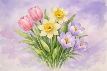 A delicate watercolor painting of a spring floral bouquet of blooming pink tulips, yellow daffodils and lavender  crocuses with green leaves and stems.