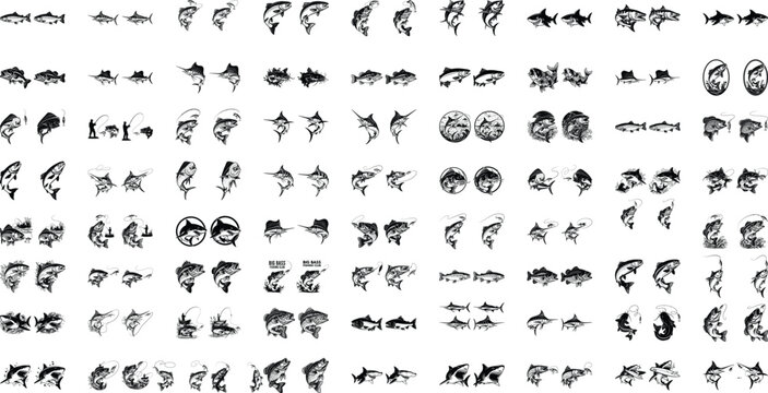 Comprehensive vector set of various fish species and fishing activity silhouettes for outdoor recreation branding