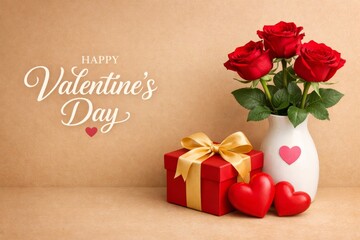 A romantic Valentine card with red blooming roses in white ceramic vase, red gift box with yellow ribbon bow and couple of red hearts on light brown background
