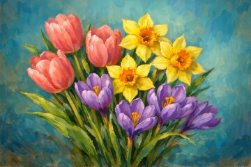 A vibrant and realistic oil painting of a full bloom spring floral bouquet, pink tulips, yellow daffodils and purple crocus with green stems and leaves on blue gradient background.