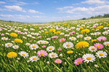 A wide flower meadow filled with lush green grass swaying in the breeze with blooming white and pink daisy flowers and bright yellow dandelions under the blue sky in spring season.