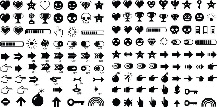 Extensive collection of pixel art gaming interface icons featuring hearts, arrows, stars, and useful system elements