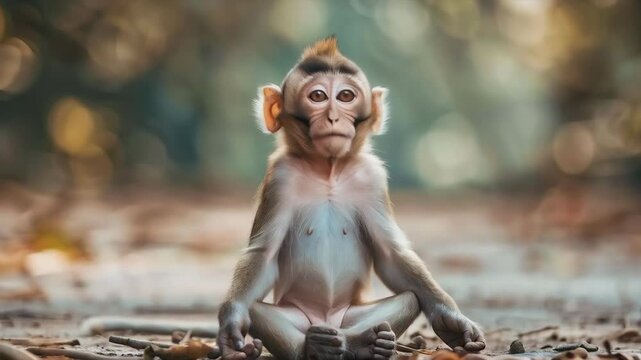 A pensive baby monkey in nature with a warm, blurred forest expresses the theme of wild nature, harmoniously complementing the main background of environmental projects or children's books.
