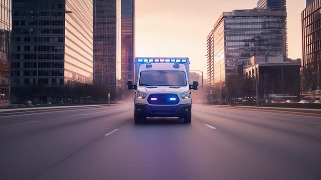 Ambulance Accelerates Downtown Between Rainslick Glass Skyscrapers