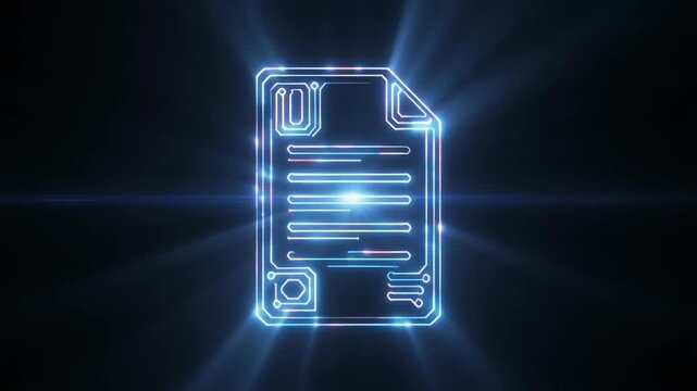 Innovative luminous blue digital document circuit holographic technology icon evokes futuristic secure data storage vision advanced software pattern