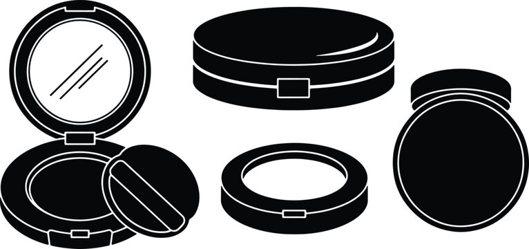 Black silhouette vector set of compact powder case with mirror and makeup sponge applicator icons