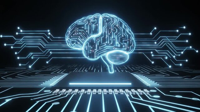 Digital holographic brain circuit artificial intelligence machine technology sophisticated neural network glowing neon blue pattern learning symbol