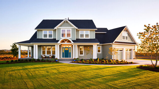 Picturesque Modern Farmhouse Home with Blue Door and Covered Porch at Golden Hour