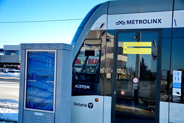 Fototapeta premium Toronto, Ontario, Canada, February 8, 2026: Opening day of the Line 5 Eglinton Crosstown LRT. After 15 years of construction, the 19 km, 25-station, east-west transit line finally opened on this day t