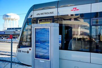 Fototapeta premium Toronto, Ontario, Canada, February 8, 2026: Opening day of the Line 5 Eglinton Crosstown LRT. After 15 years of construction, the 19 km, 25-station, east-west transit line finally opened on this day t
