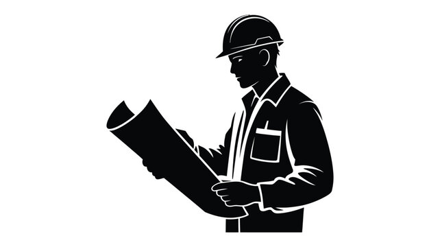 Silhouette of engineer wearing helmet holding blueprints standing against white background