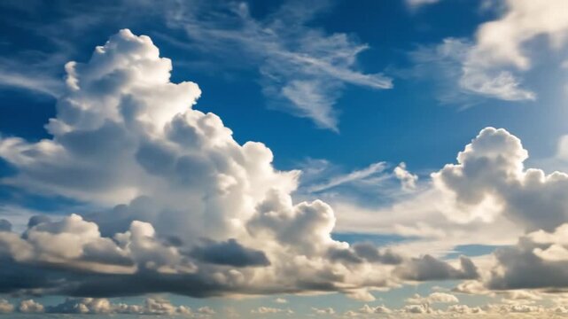 Timelapse of fluffy white clouds rolling across a vibrant blue sky, layered cirrus and cumulus formations, warm tropical sunlight, peaceful summer mood, cinematic 
