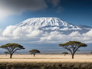Majestic kilimanjaro towering over a serene savannah landscape with scattered trees.
