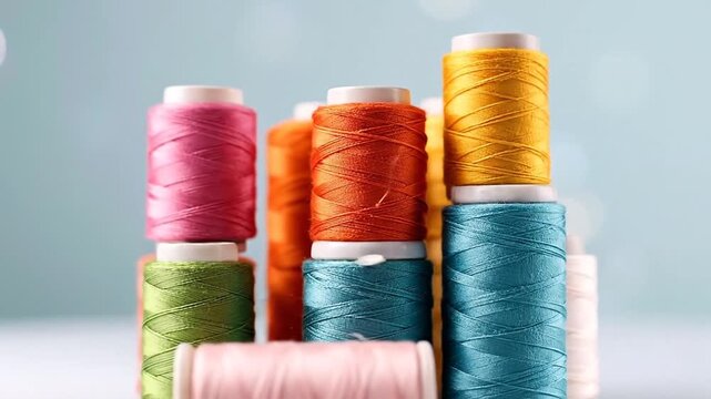 Vibrant spools of colorful threads arranged in a visually appealing stack against a soft background.