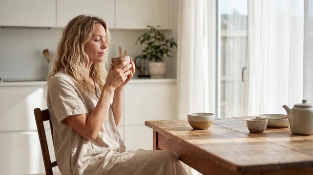 Calm woman sitting at a wooden table in a sunlit kitchen smelling and enjoying a hot beverage during a morning tea ritual