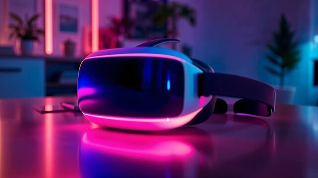 Vr headset glowing with vibrant neon pink and blue lights on a reflective table in a dark room