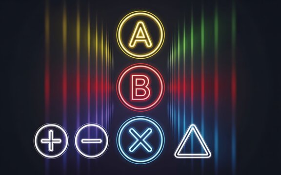 A vibrant digital illustration of symbols and shapes on a dark background from a straightforward viewpoint