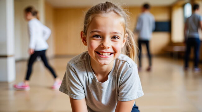 A little girl bending over in a gray T-shirt smiling in the gym