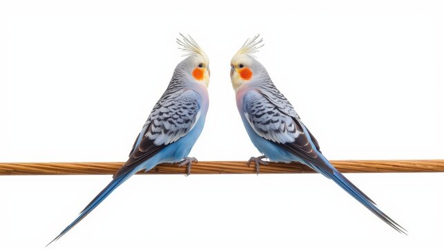 Two colorful cockatiels perched on a branch facing each other