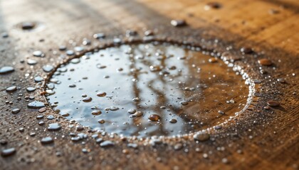 Moisture ring on a rustic pine desk beside an empty glass (out of focus),