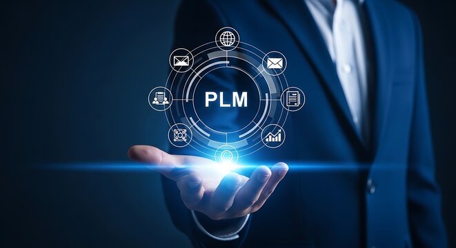Businessman holding a digital PLM interface with icons and connections in a futuristic environment viewed from a slight angle