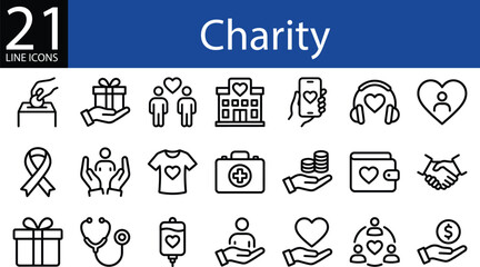 Fototapeta premium Charity line icon set in outline style, donation, volunteering, medical aid, and community support