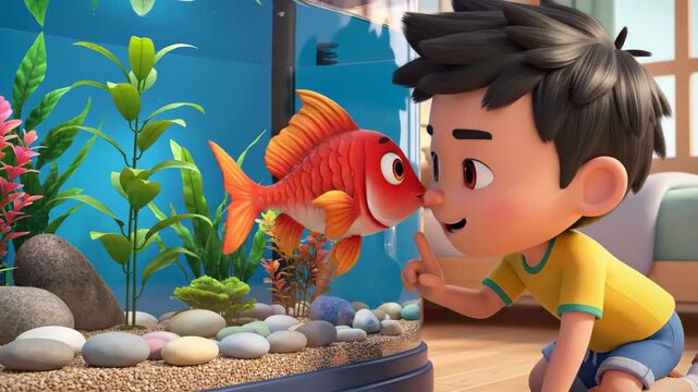 Animated boy communicates with goldfish, interacting playfully with the fish inside the aquarium