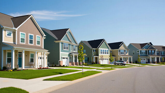 Row of Modern Suburban Homes on a New Residential Street Under Blue Sky