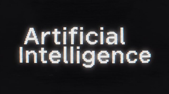 Artificial Intelligence Glitch Text - video of the words "Artificial Intelligence" video in a pixelated, digital font with a glitch and VHS distortion effect.