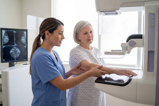 Female healthcare professional in blue scrubs assists elderly woman in medical gown during mammogram procedure in a bright clinical setting with medical equipment visible