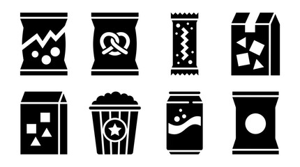 Collection of black solid icons representing various junk food items including potato chips pretzels chocolate bars popcorn and soft drinks