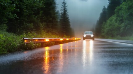 Obraz premium A self-healing road system embedded with smart sensors, glowing faintly at night with autonomous vehicles passing by