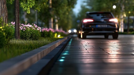 A self-healing road system embedded with smart sensors, glowing faintly at night with autonomous vehicles passing by
