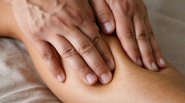 Close up of human hands applying gentle pressure during therapeutic leg massage