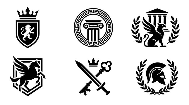 Collection of black and white mythological and heraldic icons including winged horse ancient column laurel wreath crown and crossed sword key