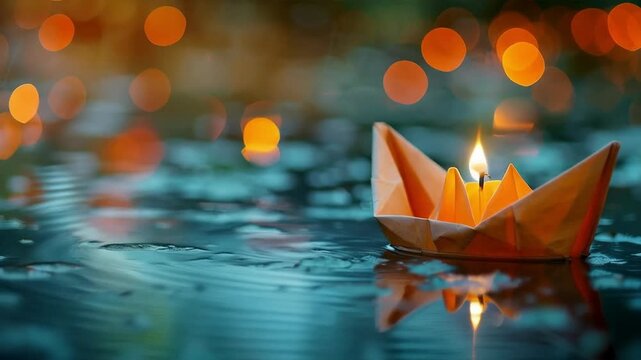 An orange paper boat with a burning candle floats on the water among boke lights, creating a romantic and dreamy atmosphere that is ideal for decorative backgrounds for holiday cards or art projects.
