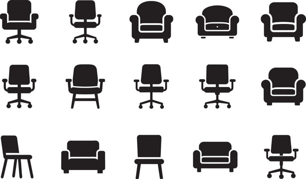   Chair icon collection with office chair, armchair and sofa icons isolated on white background for design use.