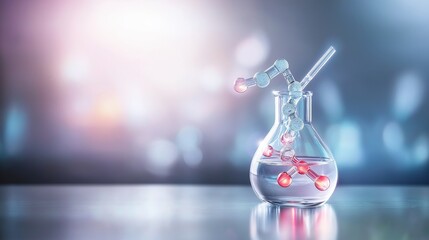 A nanoscale factory with robotic arms assembling molecules, illuminated by neon-blue lighting in a dark environment