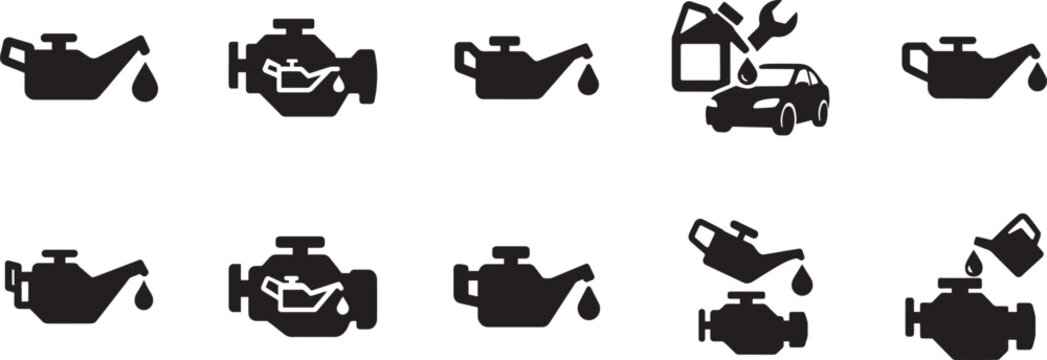 Oil engine motor icon set in vector style for automotive, mechanic and industrial design projects.