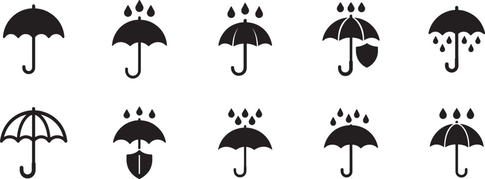  Umbrella icon set with parasol symbols in line and flat style for rain, weather and insurance concepts.